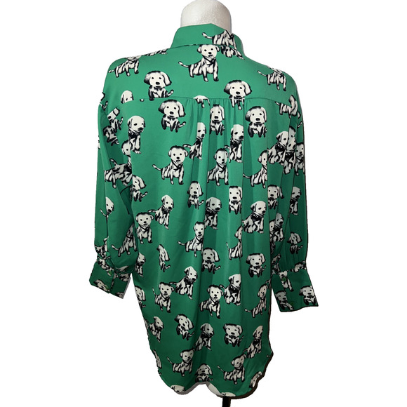 New Elli White Top Women's Size S Green Dog Print Button Shirt Collared Novelty - Picture 5 of 10